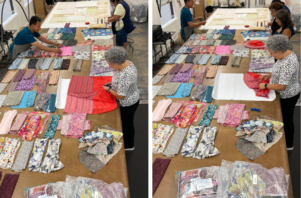 sorting liberty print scraps with team